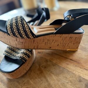 Franco Sarto Black and Tan Wedge Sandals
